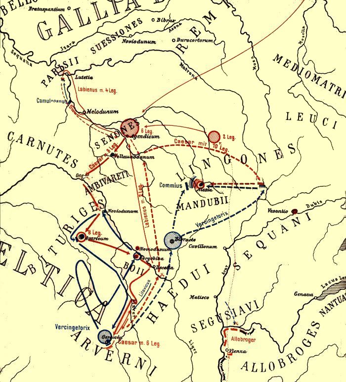 überblick über den Fortgang der Kämpfe im Jahr 52 v.Chr. - Caes.Gall.7,14-7,90 (nach: G. Veith, Beilage 14)